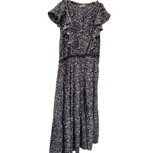 Melloday Floral Cap Sleeve Maxi Dress W/Ruffled Front & single button Closure